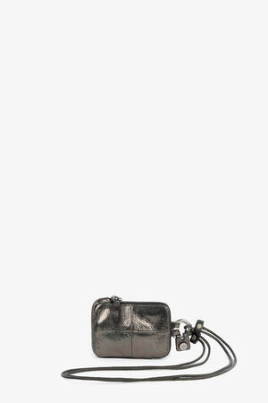 INA KENT mini bag X.LOMI ed.2 in crackled graphite metallic leather. The small, square bag has a long, detachable strap and a key ring pendant. 