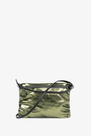 small, shiny shoulder bag called MOONLIT ed.1 in a crackled green metallic look with a thin black shoulder strap from the front