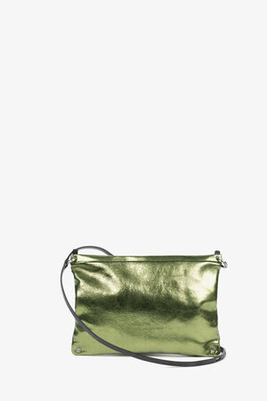 small, shiny shoulder bag called MOONLIT ed.1 in a crackled green metallic look with a thin black shoulder strap from the back