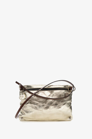 Small, shiny shoulder bag called MOONLIT ed.1 in shimmering metallic tones with a thin shoulder strap from the front