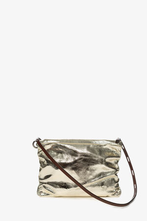 Small, shiny shoulder bag called MOONLIT ed.1 in shimmering metallic tones with a thin shoulder strap from the back