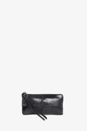 INA KENT black leather wristlet with a zipper and embossed logo, featuring a small strap attached to the zipper pull.