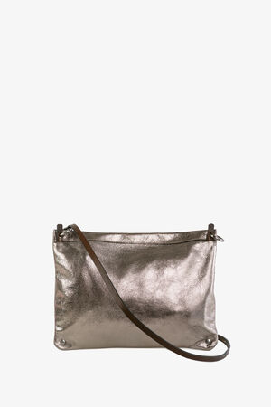 The INA KENT metallic silver shoulder bag, featuring a thin leather strap, stands out against a plain white background.