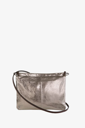 INA KENT metallic silver handbag with a crossbody strap, featuring a minimalist design and visible stitching.