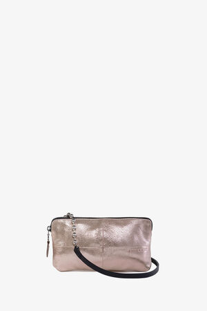 INA KENT's metallic rose gold clutch purse features a sleek black wrist strap and a visible zipper closure. The brand's name is subtly embossed on the lower right corner, all set against a plain white background.