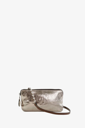 The INA KENT metallic silver clutch bag boasts a zipper closure and is elegantly adorned with a beaded chain. This chic accessory features a brown strap and a small attached charm, perfectly blending style and functionality.