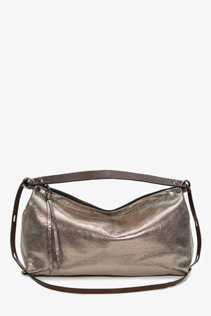 The INA KENT metallic bronze handbag boasts a smooth finish, zipper closure, and adjustable brown strap. A chic tassel detail adorns one side, adding a touch of flair to this stylish accessory.