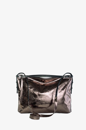 Die Handtasche INA KENT in Metallic-Bronze mit langem Riemen und glatter schwarzer Verzierung hebt sich elegant von einem schlichten weißen Hintergrund ab.