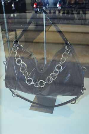 An INA KENT metallic handbag with large chain links is displayed on a stand behind a glass window.