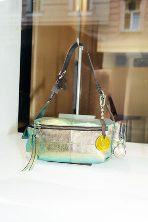 A small iridescent INA KENT handbag with a black strap and two circular keychains, displayed on a white surface against a blurred background.