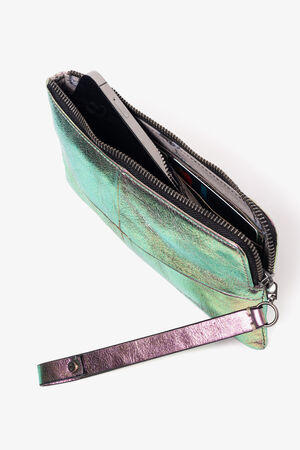 A metallic green INA KENT wristlet pouch with a zipper, partially open to show a smartphone and cards inside.