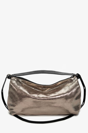 INA KENT Umhängetasche in Silbermetallic mit schwarzem, verstellbarem Riemen auf weißem Hintergrund.