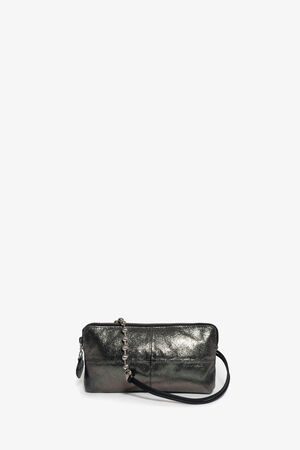A small metallic INA KENT clutch bag with a zip closure, a black strap, and decorative silver chain accents, displayed against a plain white background.