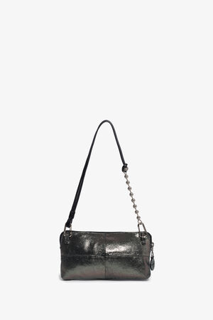A metallic silver rectangular INA KENT shoulder bag with a black and chain strap, set against a plain white background.