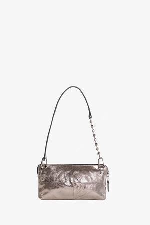 A metallic silver rectangular INA KENT shoulder bag with a black strap and a chain accent, set against a plain white background.