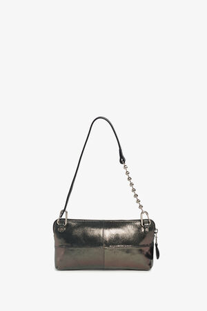 Rectangular metallic INA KENT shoulder bag with a combination of leather and chain strap, zipper closure, and small charm detail, shown against a plain white background.