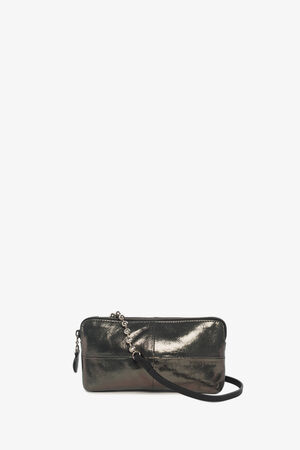 A small, rectangular metallic clutch bag by INA KENT with a zip closure and a thin black strap, displayed against a plain white background.