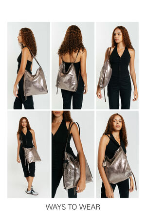 Six photos show a woman modeling the large metallic INA KENT shoulder bag in various ways, including hand-held, crossbody, and over the shoulder. Text below reads "WAYS TO WEAR.