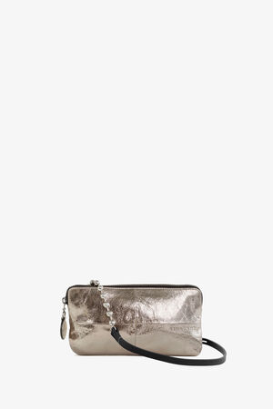 kleine goldene metallic Ledertasche mit schwarzem Riemen von Vorne
