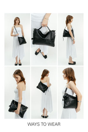 A woman in a white dress demonstrates six different ways to carry an INA KENT large black handbag, including crossbody, hand-held, shoulder, and over the arm.