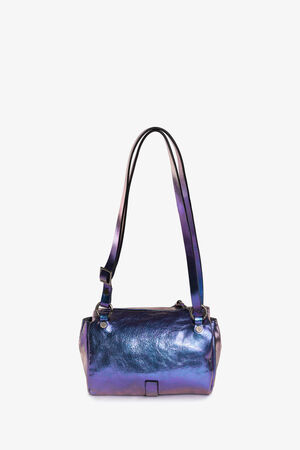 A small, metallic purple INA KENT shoulder bag with a cylindrical shape and dual shoulder straps, displayed against a plain white background.