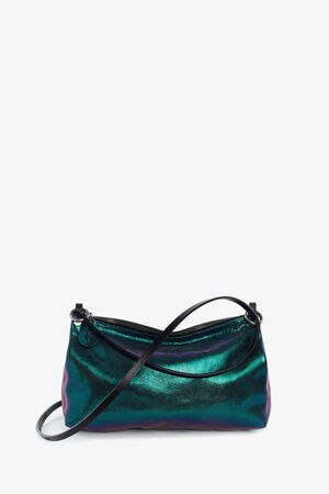 Eine kleine, grün und lila schillernde INA KENT Umhängetasche mit schwarzem Riemen und Reißverschluss auf weißem Hintergrund.