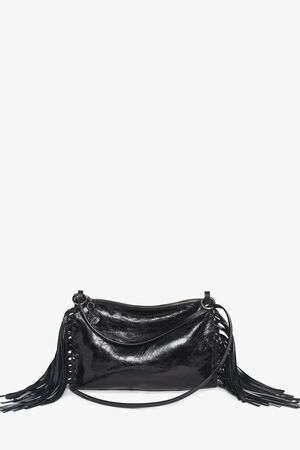 The INA KENT black leather shoulder bag features a zip closure, side tassel details, and an adjustable strap, displayed on a white background.