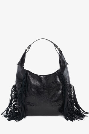 An INA KENT black leather hobo bag with a shoulder strap and long fringe detailing on both sides, displayed on a plain white background.