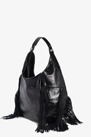 Black leather INA KENT hobo bag with a single shoulder strap and long fringe detailing on the sides and bottom, displayed on a plain white background.
