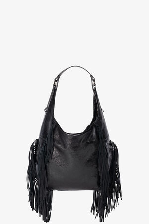 Black leather hobo bag by INA KENT, featuring a single shoulder strap and long fringe detailing on the sides, displayed against a plain white background.