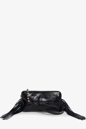 Black leather INA KENT crossbody bag with a zip closure, silver-tone stud detailing, and long fringe accents on both sides, displayed against a plain white background.