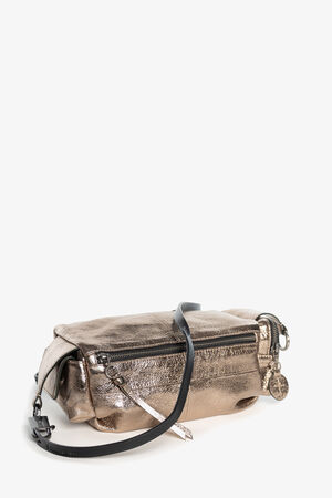 A metallic bronze INA KENT handbag with a front zipper pocket, black shoulder strap, and decorative keychain charms, displayed against a white background.