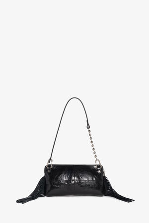 A small black leather INA KENT shoulder bag with a short strap, silver chain detail, and tassels on both sides, set against a plain white background.