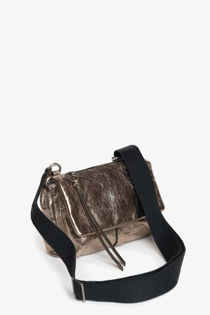 An INA KENT metallic bronze handbag with a textured surface, black adjustable shoulder strap, and zippered closure, displayed against a plain white background.