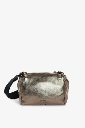 Metallic bronze rectangular INA KENT crossbody bag with a black adjustable strap, silver hardware, and zippered top closure, displayed against a plain white background.