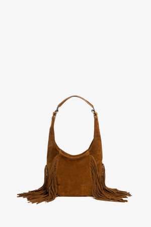 Brown suede INA KENT handbag with a single shoulder strap and long fringe detailing on both sides, displayed against a plain white background.