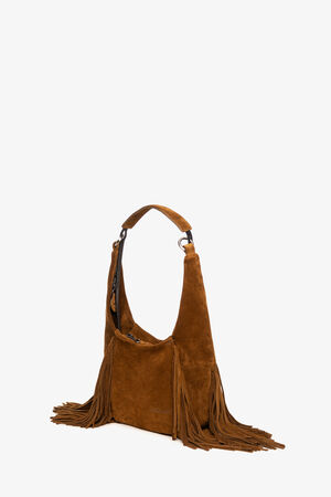 Brown suede INA KENT handbag with a single shoulder strap, side and bottom fringe details, and a front pocket, displayed against a plain white background.