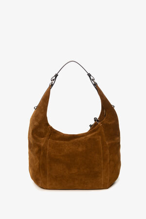 Brown suede INA KENT hobo handbag with a black shoulder strap, shown against a plain white background.