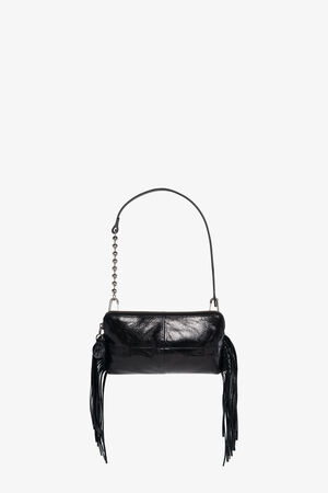 A small black leather handbag by INA KENT, featuring a short handle, silver chain detail, and fringed tassels hanging from both sides.