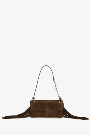 Rectangular brown suede INA KENT handbag with a single top handle, chain detail, and long fringe accents on both sides, set against a plain white background.