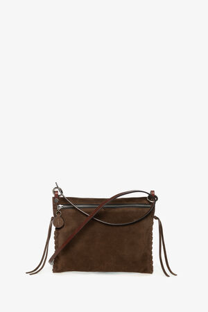 A brown suede INA KENT crossbody bag with a zip closure, leather strap, side tassels, and a small round keychain accessory.