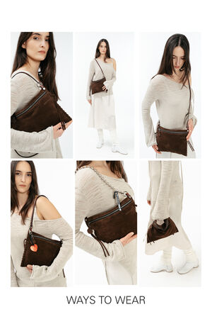 Collage showing a woman modeling an INA KENT dark brown suede handbag in multiple ways: on shoulder, crossbody, under arm, hand-held, with and without accessories. Text reads "Ways to Wear.