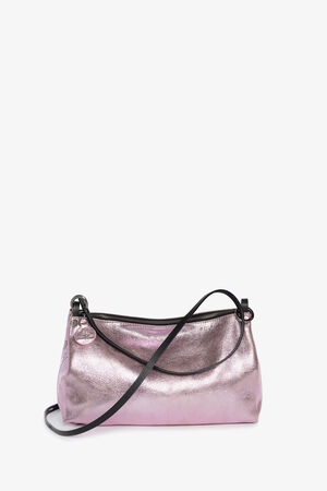 A small metallic pink INA KENT shoulder bag with a black strap and zipper, featuring a round charm near the strap attachment, set against a plain white background.