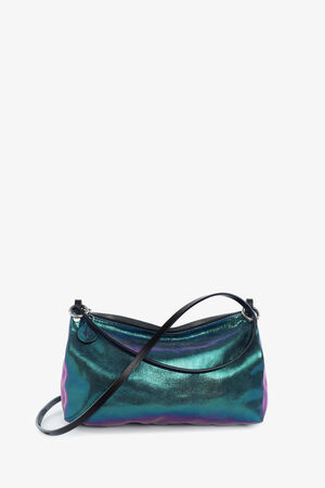 Kleine irisierende teal- und lilafarbene INA KENT-Handtasche mit schwarzem Umhängeriemen, silbernem Reißverschluss und minimalistischem Design vor einem schlichten weißen Hintergrund.