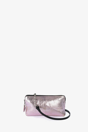 A small rectangular metallic pink INA KENT clutch bag with a black wrist strap and zipper closure, shown against a plain white background.