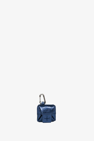 Metallic blue INA KENT AirPods case with a front pocket and a silver carabiner clip, centered on a plain white background.