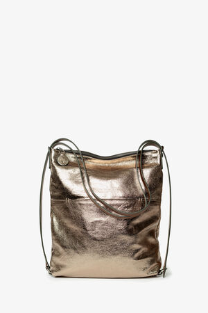 Metallic rose gold tote bag from INA KENT with a zipper closure, double handles, and a circular tag, set against a plain white background.