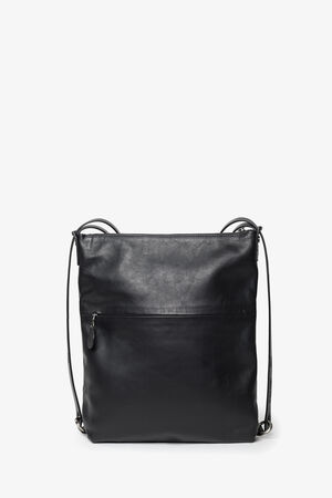 A black leather crossbody bag by INA KENT with a front zip pocket, shoulder strap, and minimal detailing, shown against a plain white background.