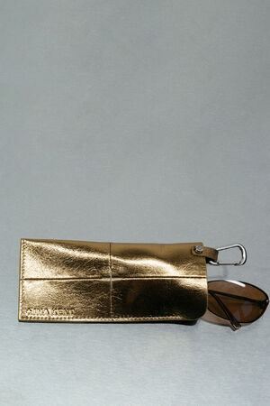 Eine Sonnenbrille, die teilweise in einem metallisch-goldenen INA KENT-Etui mit Verschluss steckt und auf einer schlichten grauen Fläche liegt.