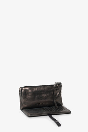 A black leather INA KENT zipper wallet is open, showing card slots and compartments, with a wrist strap attached to the zipper.